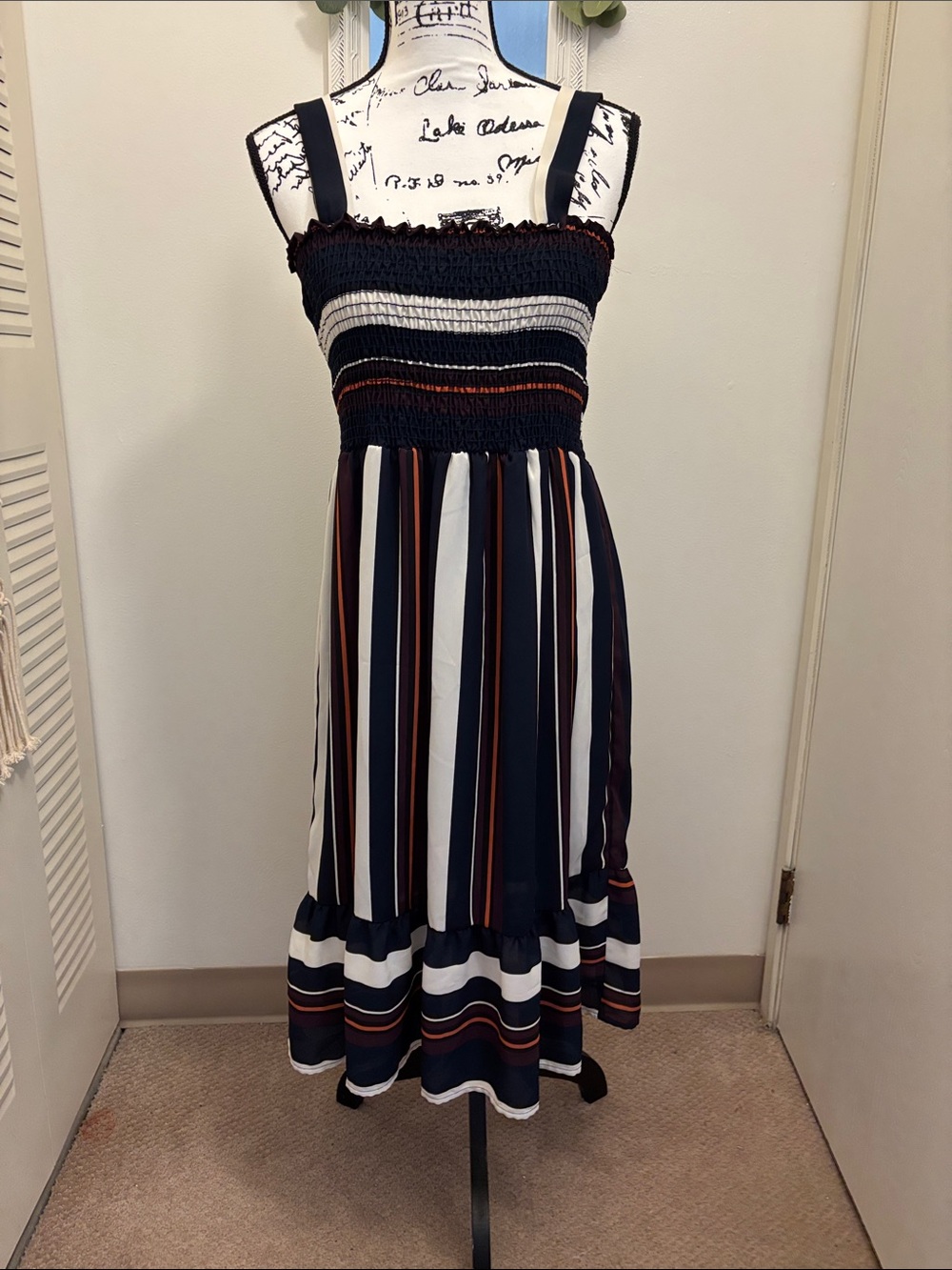 Soho Navy, White & Rust Smocked Striped Midi Dress